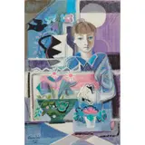 William Crosbie, GIRL WITH FLOWERS, oil on board