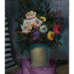 STILL LIFE WITH ROSES IN A GREY VASE ON PURPLE CLOTH, 1991 by William Crosbie, oil on board, sold Jul 2021