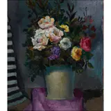 William Crosbie, STILL LIFE WITH ROSES IN A GREY VASE ON PURPLE CLOTH, 1991, oil on board