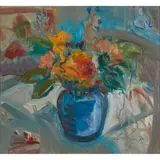 Irene Leslie Main, FLOWERS (BLUE AND ORANGE), oil on board