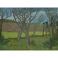 Frances Walker, TREES AND PLOUGHED FIELDS, oil on board