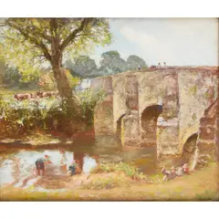 A RIVER LANDSCAPE WITH CHILDREN PLAYING BELOW A STONE BRIDGE by David Murray, oil on board, sold Jul 2021