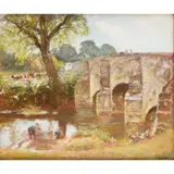 David Murray, A RIVER LANDSCAPE WITH CHILDREN PLAYING BELOW A STONE BRIDGE, oil on board