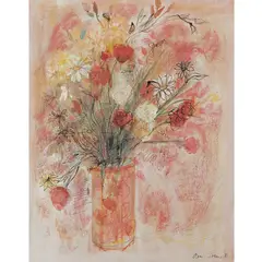 STILL LIFE WITH PINK FLOWERS by Ann Oram, mixed media on paper, sold Jul 2021