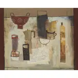 Margaretann Bennett, BEACH ARRANGEMENT ON A WORN WHITE TABLE, acrylic on board