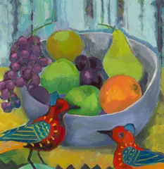 Jeanette Lassen, STILL LIFE WITH BIRDS, oil on board