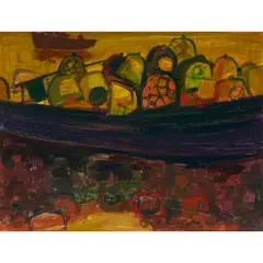 Irene Halliday, LOBSTER BOAT, oil on canvasboard