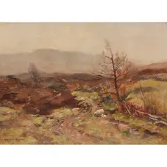 William Marshall Brown, SHEEP GRAZING BY A COUNTRY ROAD, oil on canvas