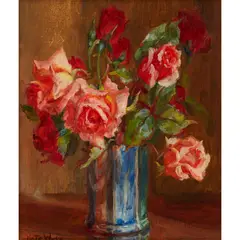 STILL LIFE OF ROSES by Kate Wylie, oil on canvasboard, sold Mar 2021