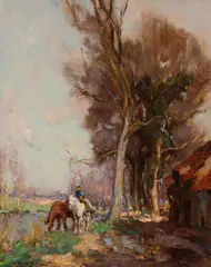 HORSES WATERING by William Watt Milne, oil on canvas, sold Mar 2021
