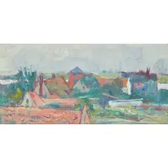Margaret Thomas, RIVER ROOFTOPS, Oil on board