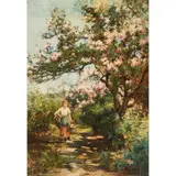 Joseph Milne, GIRL AMONG CHERRY BLOSSOM, oil on canvas