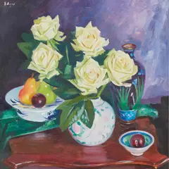 WHITE ROSES WITH PEARS by Norman Edgar, oil on canvas, sold Mar 2021