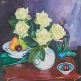 Norman Edgar, WHITE ROSES WITH PEARS, oil on canvas