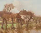 David Gauld, FARM BUILDINGS BY A RIVER, FRANCE, oil on canvas
