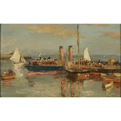 James Kay, BUSY DAY AT THE HARBOUR, Oil on board