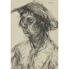 PORTRAIT STUDY: WOMAN IN A HAT, POSSIBLY THE ARTIST'S MOTHER by John Bellany, 1962, charcoal, sold Jan 2021