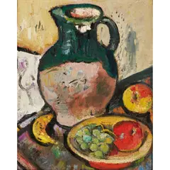 George Leslie Hunter, A STILL-LIFE OF FRUIT AND GREEN JUG, Oil on panel