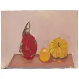 Elizabeth Blackadder, STILL-LIFE; FRUIT AND VEGETABLE AGAINST PINK, oil on canvas