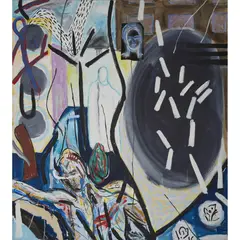 THE FALLEN by Caroline McNairn, oil on canvas with collaged element, sold Jan 2021