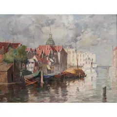 William Marshall Brown, BARGES IN A RIVERSIDE TOWN, oil on canvas