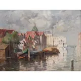 William Marshall Brown, BARGES IN A RIVERSIDE TOWN, oil on canvas