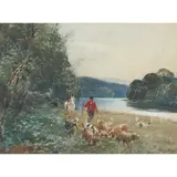 Tom Scott, HOUNDS ON A RIVER BANK, watercolour