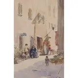 James McBey, FIGURES IN A SUNLIT STREET, VILLEFRANCHE, pen and ink and watercolour