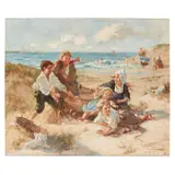 Jessie M. McGeehan, PLAYING WITH THE FISHING NETS, oil on canvas
