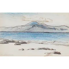 Francis Cadell, NORTH SHORE IONA WITH BEN MORE IN THE DISTANCE, pen and ink and coloured chalk