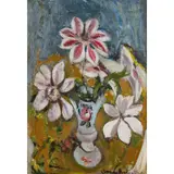 Anne Redpath, STILL LIFE OF CLEMATIS NELLIE MOSER, oil on board