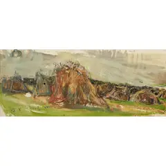 Joan Eardley, HAYSTOOKS, Pen and ink and watercolour