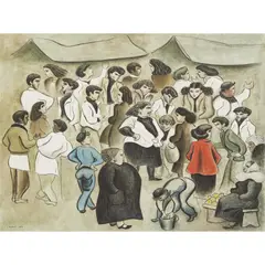 Dom Robert, Group of People Conversing, 1954, ink and coloured crayon