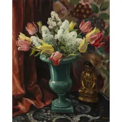 Adrian Allinson, Still Life with Flowers and Statue, Oil on canvas