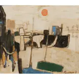 Julian Trevelyan, Barges at Durham Wharf, Hammersmith, 1963, oil on board