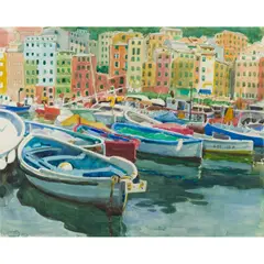Alberto Morrocco, THE HARBOUR AT CAMOGLI, pencil and watercolour