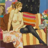 Jack Morrocco, NUDE IN BLACK STOCKINGS, oil on board