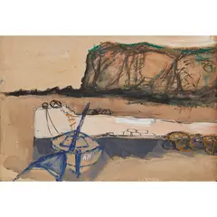 Douglas Swan, AUCHMITHIE HARBOUR -1959, mixed media on buff-coloured paper