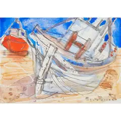 BEACHED BOATS, ALMUNICAR by Glen Scouller, watercolour and pencil, sold Jan 2021