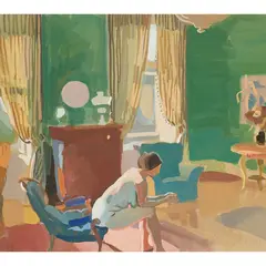 Alexander Goudie, NUDE IN GREEN DRAWING-ROOM, gouache on buff paper