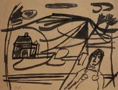 Patrick Hayman, CORNISH LANDSCAPE AND GIRL, Initialled in pencil lower left, and titled and signed to reverse, ink on card