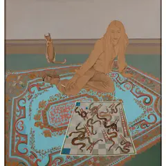 Alasdair Gray, SNAKES & LADDERS (FILM SEQUENCE WITH LIZ LOCHHEAD), 1972, Mixed media and tiddly winks on brown paper