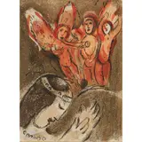 SARAH AND THE THREE ANGELS - 'FROM 'DRAWINGS FOR THE BIBLE' by Marc Chagall, 1963, Lithograph, ed. 6500, published by Éditions de la Revue Verve, Tériade, Paris, sold Jan 2021