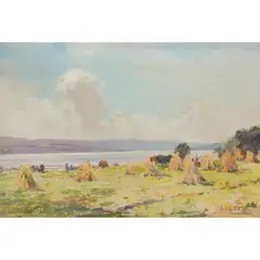 Archibald Kay, A HARVEST LANDSCAPE, oil on canvas