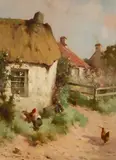 Robert Russell MacNee, CHICKENS IN A FARMYARD, oil on canvas