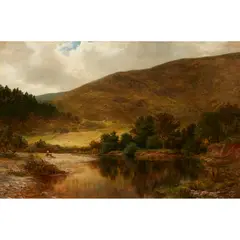 James Docharty, A WOODED RIVER LANDSCAPE WITH RESTING FISHERMAN, oil on canvas