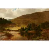 James Docharty, A WOODED RIVER LANDSCAPE WITH RESTING FISHERMAN, oil on canvas