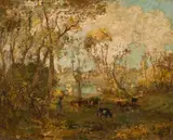 William Mouncey, CATTLE GRAZING IN A WOODED LANDSCAPE, oil on canvas