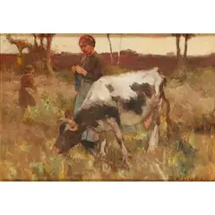 MILKING-TIME by Robert McGregor, oil on canvas, sold Dec 2020