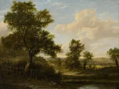 A WOODED RIVER LANDSCAPE WITH DISTANT VILLAGE by Patrick Nasmyth, oil on panel, sold Dec 2020